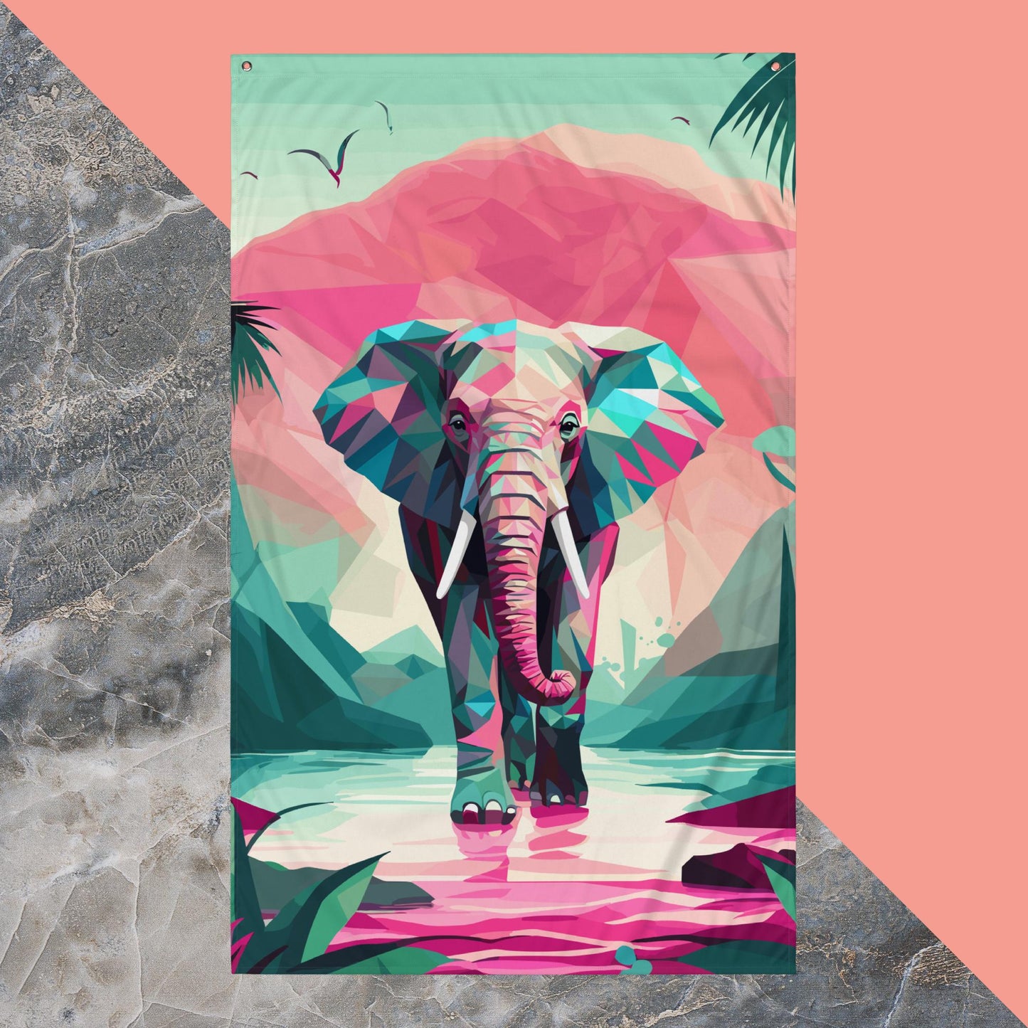 Green and Pink Elephant Flag Poster