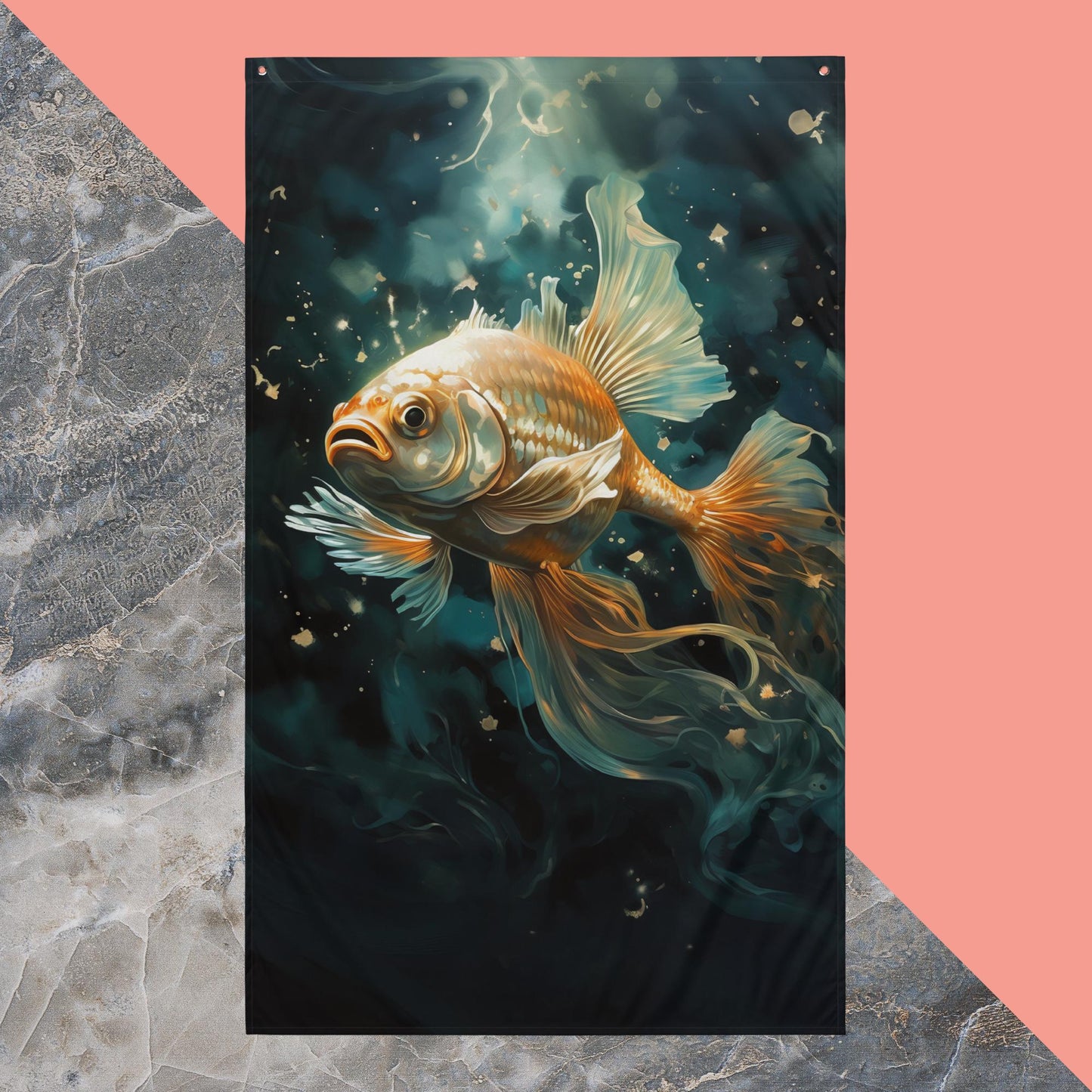 Dark Turquoise Gold Fish Flag Poster