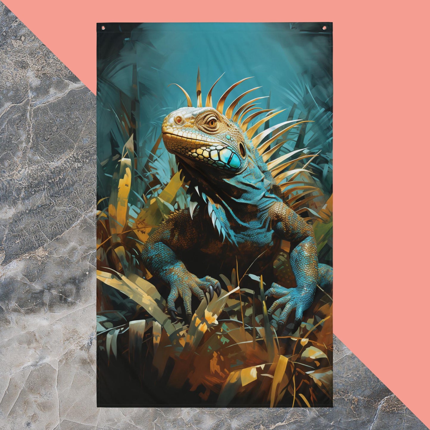 Dark Turquoise Iguana Flag Poster