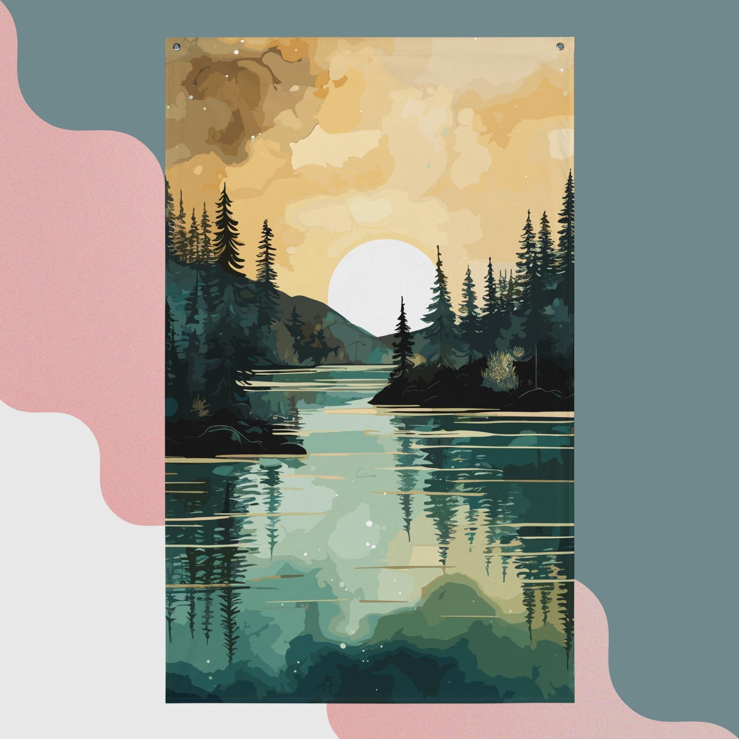 Forest Lake Sunset Flag Poster