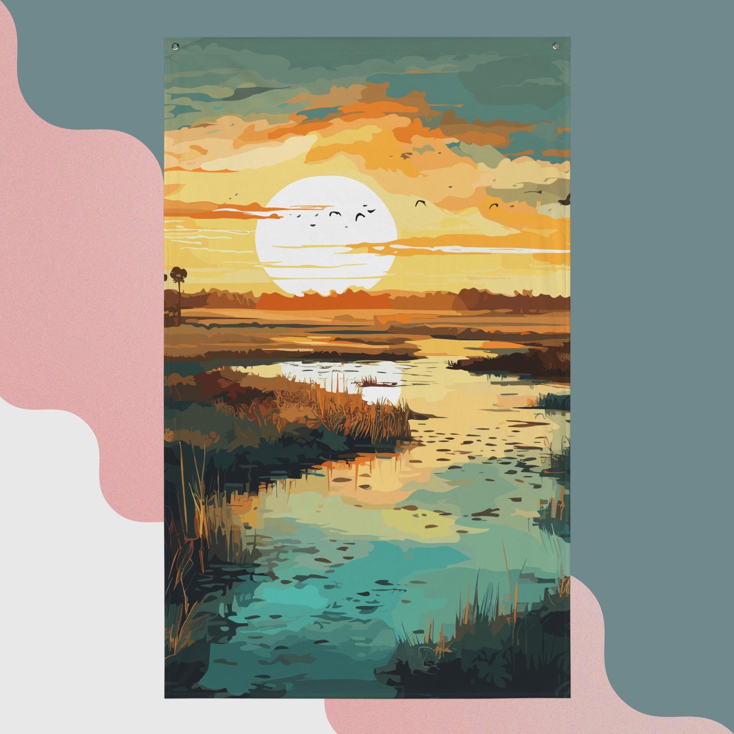 Marshland Sunset Flag Poster