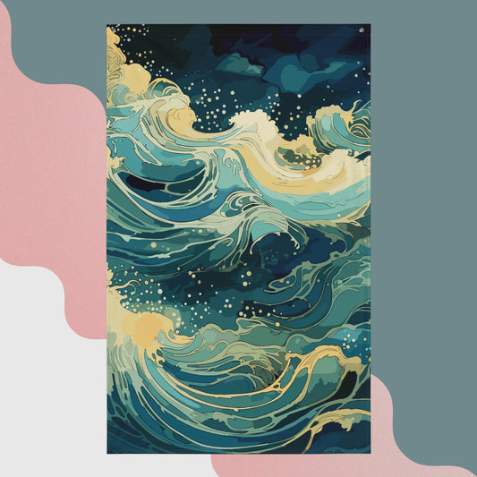 Nighttime Ocean Waves Flag Poster