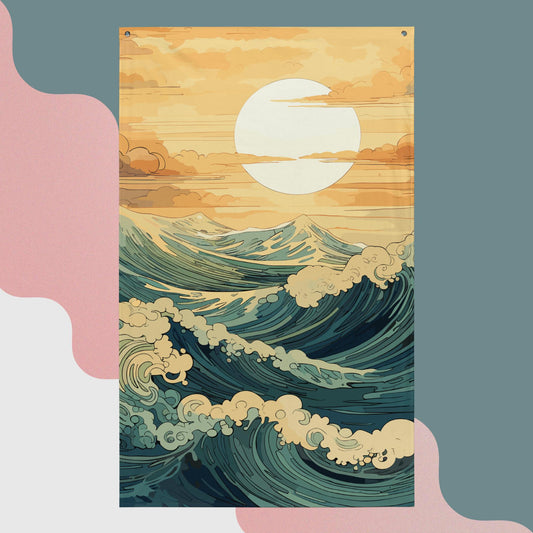 Wavy Sea Sunset Flag Poster