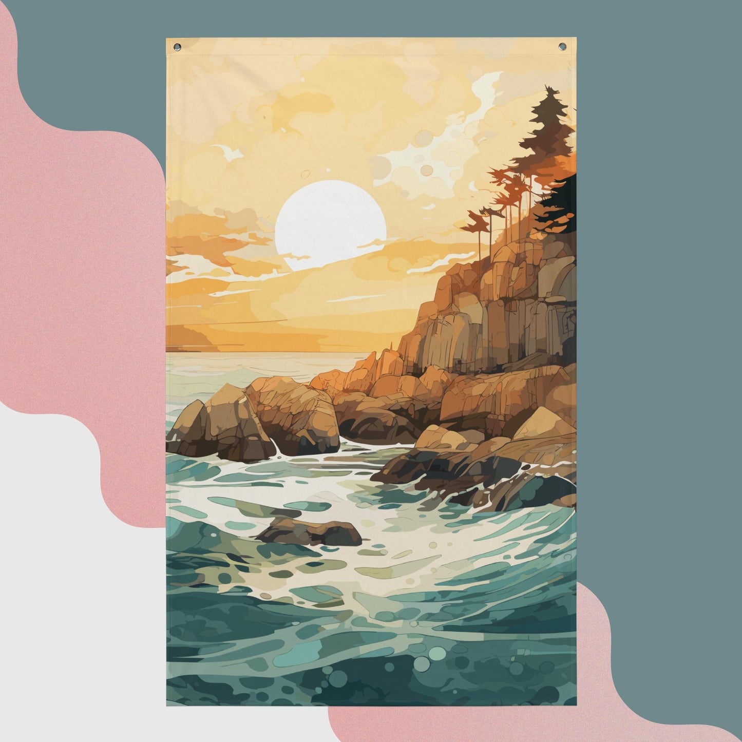 Ocean Rocks Sunset Flag Poster