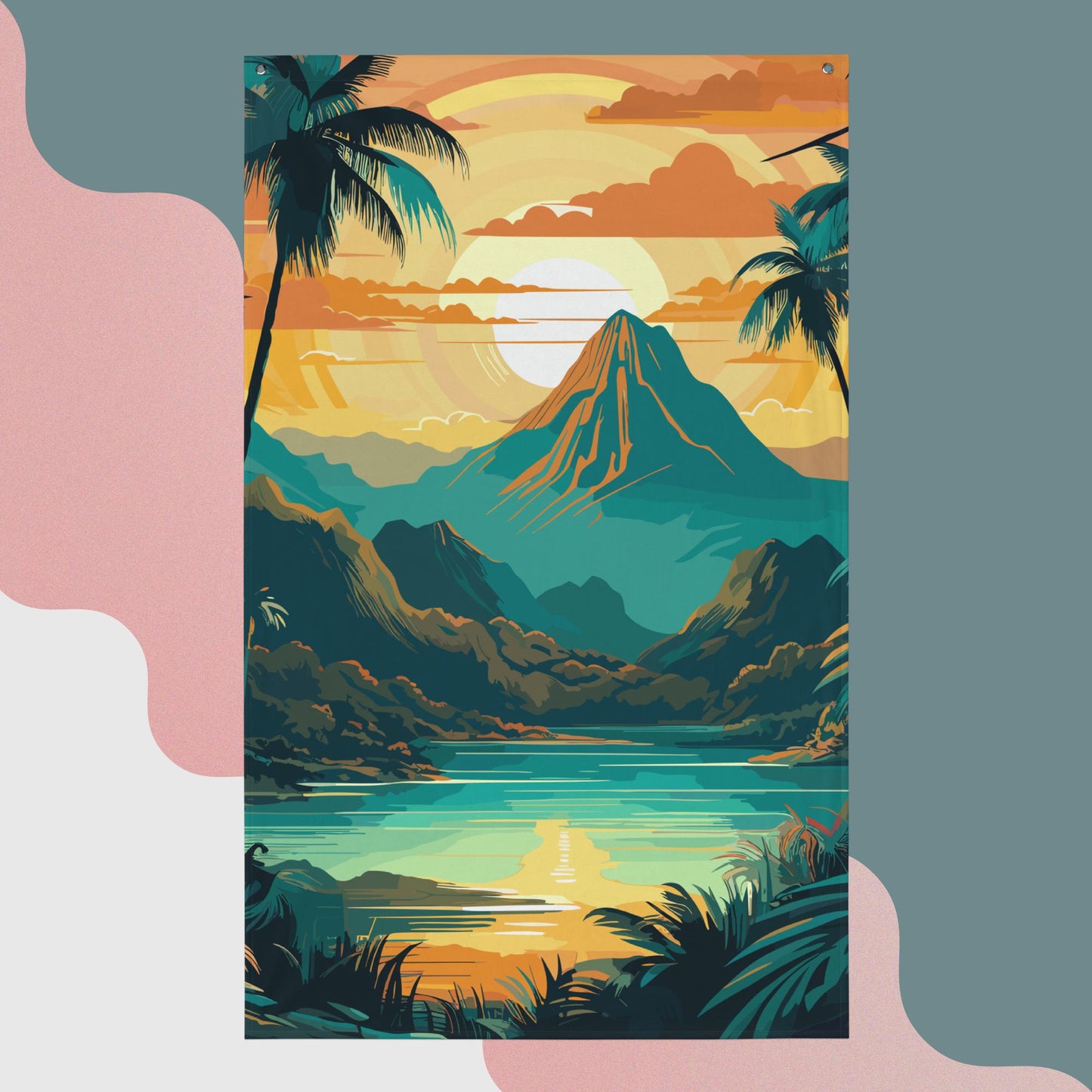 Rainforest Mountain Sunset Flag Poster