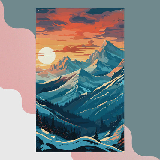 Snowy Mountain Sunset Flag Poster