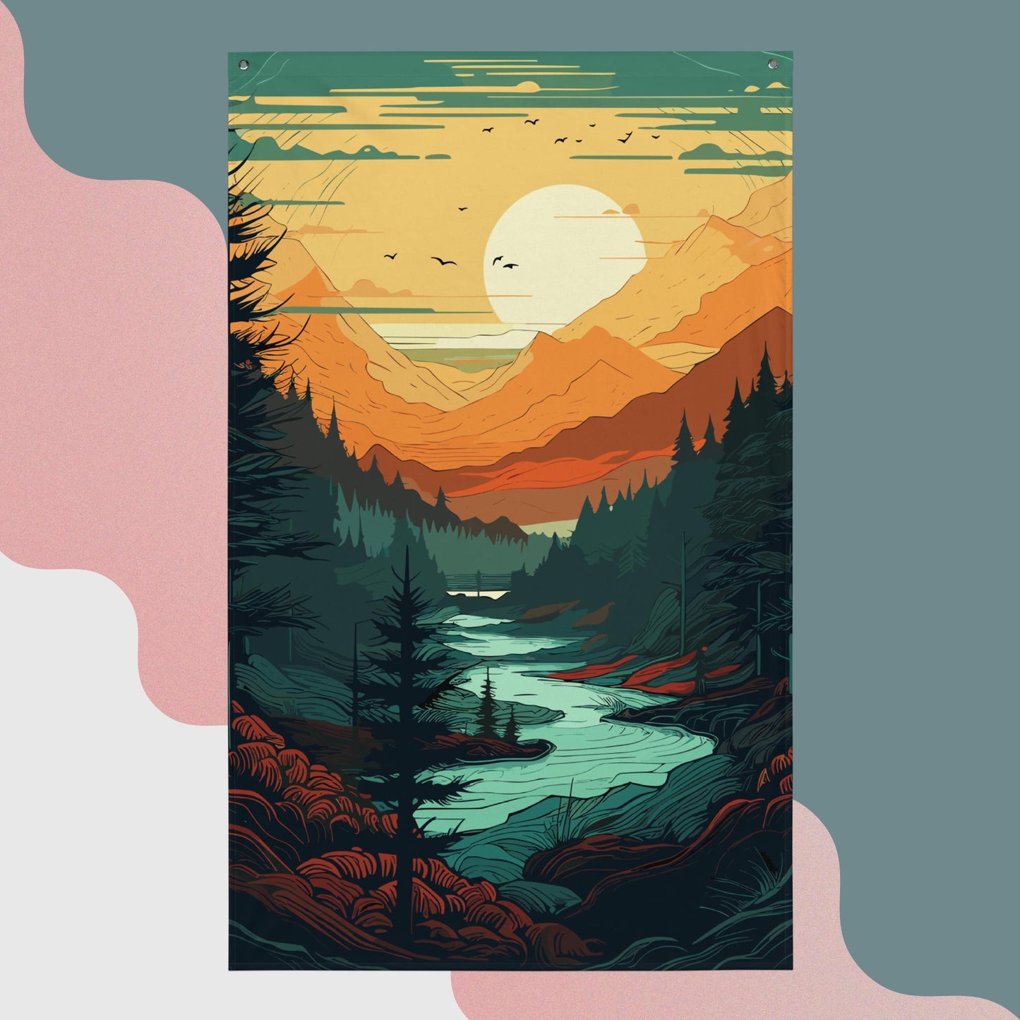 Forest River Sunset Flag Poster