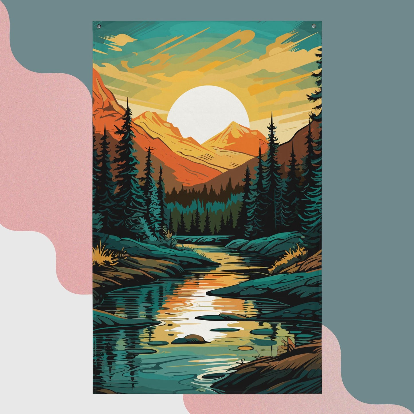 Forest Mountain River Flag Poster