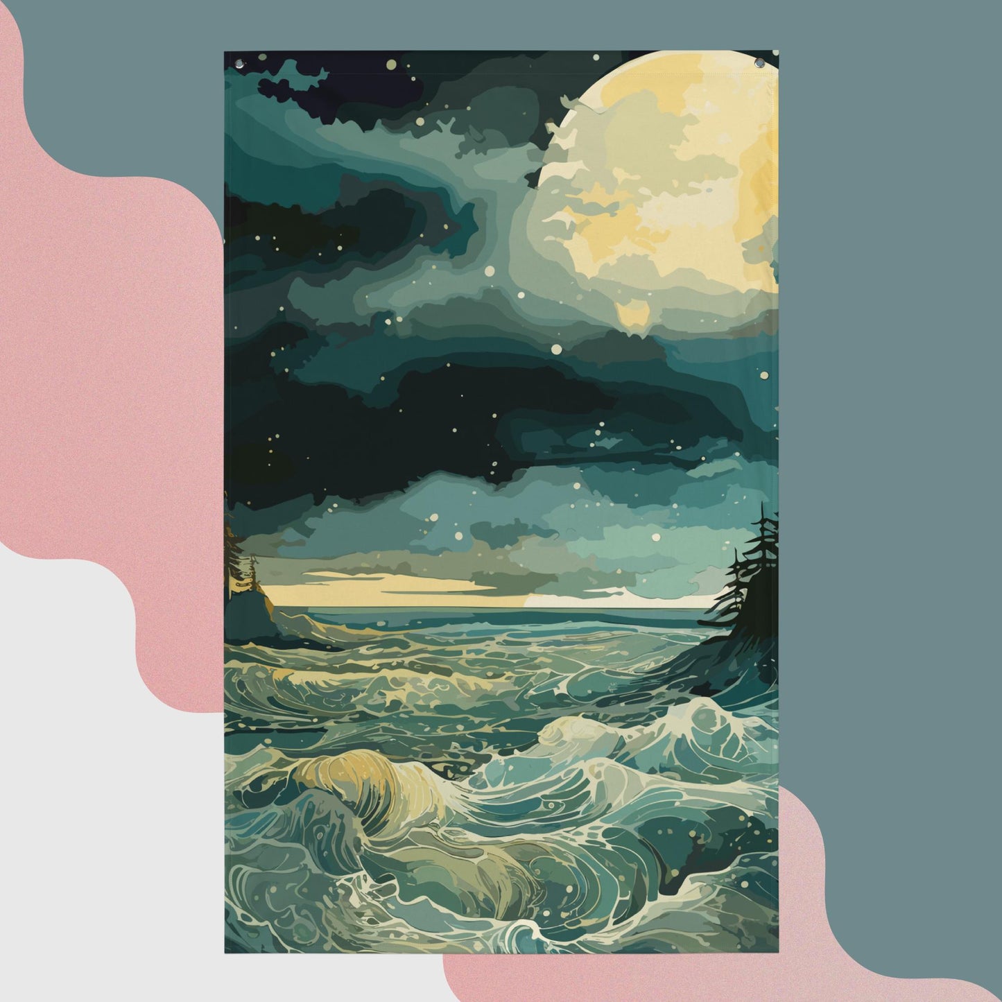 Nighttime Sea Moon Flag Poster