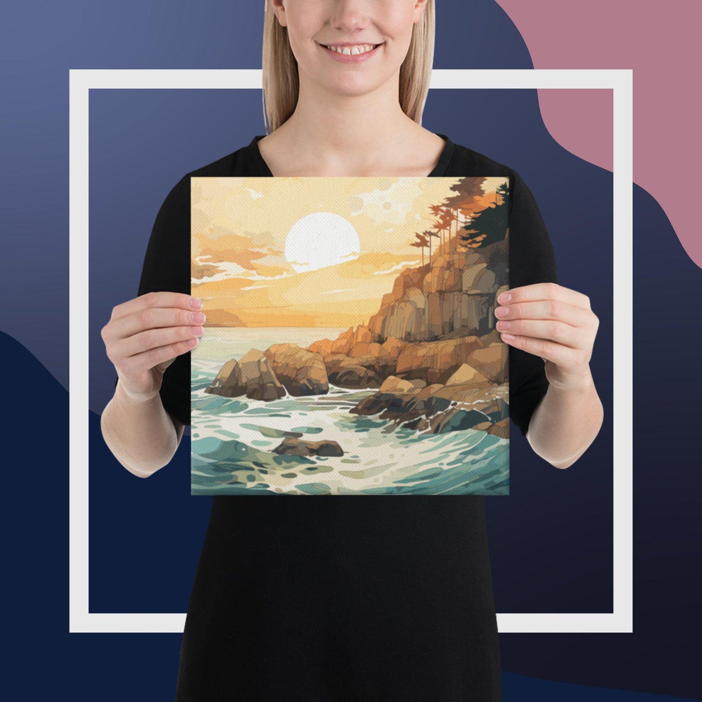 Ocean Rocks Sunset Canvas Poster