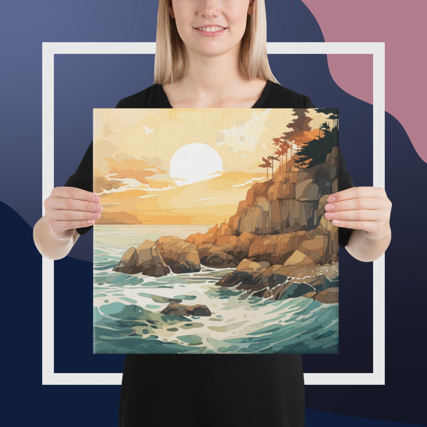 Ocean Rocks Sunset Canvas Poster