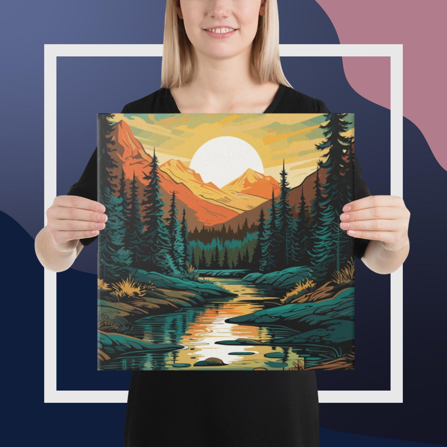 Forest Mountain River Canvas Poster