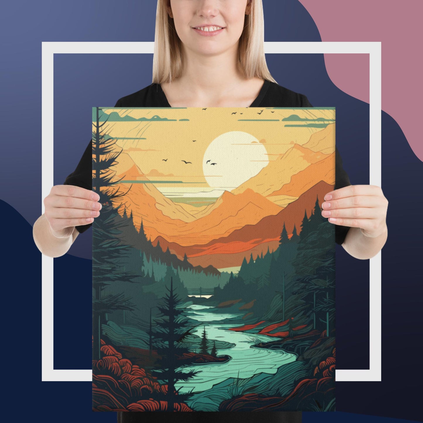 Forest River Sunset Canvas Poster