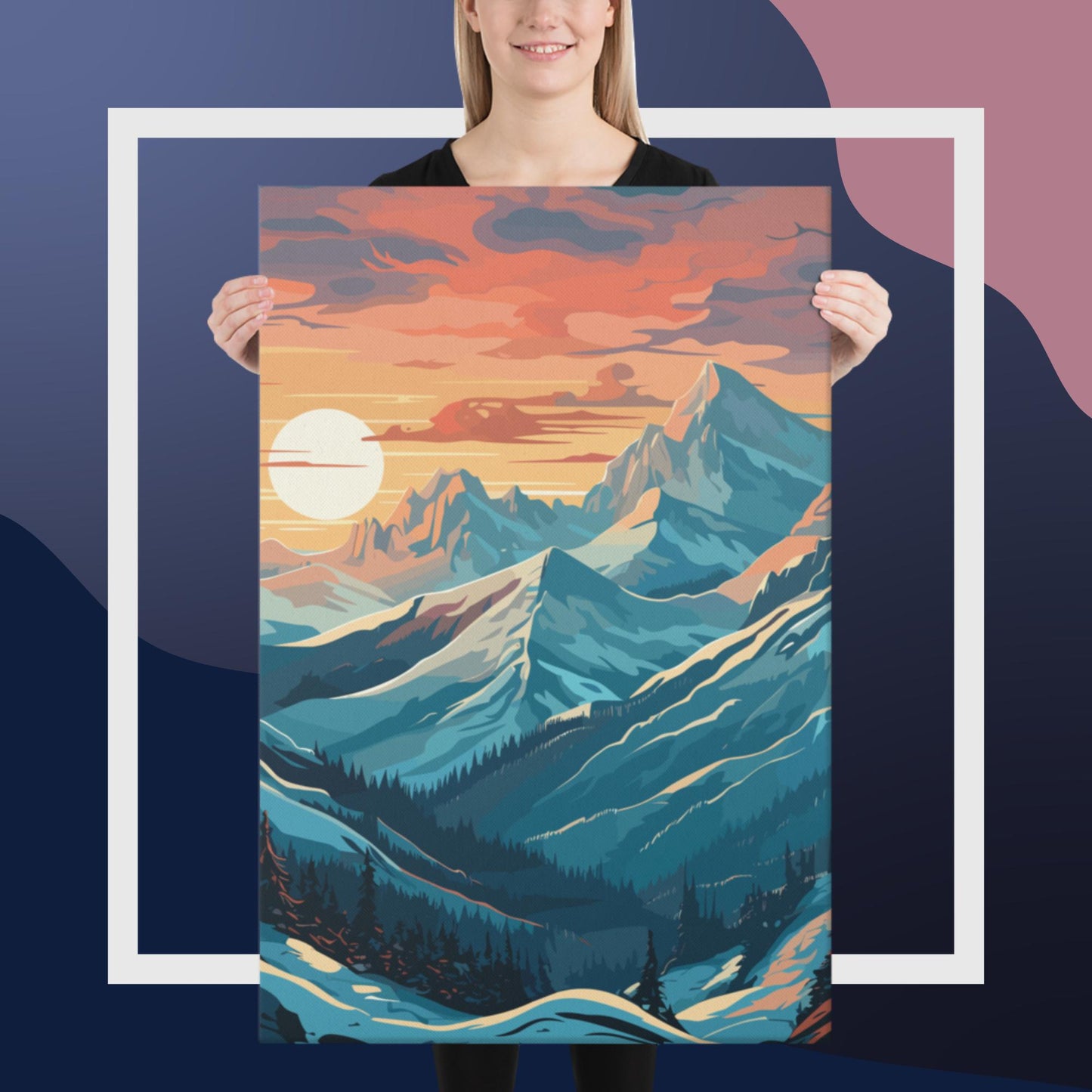 Snowy Mountain Sunset Canvas Poster