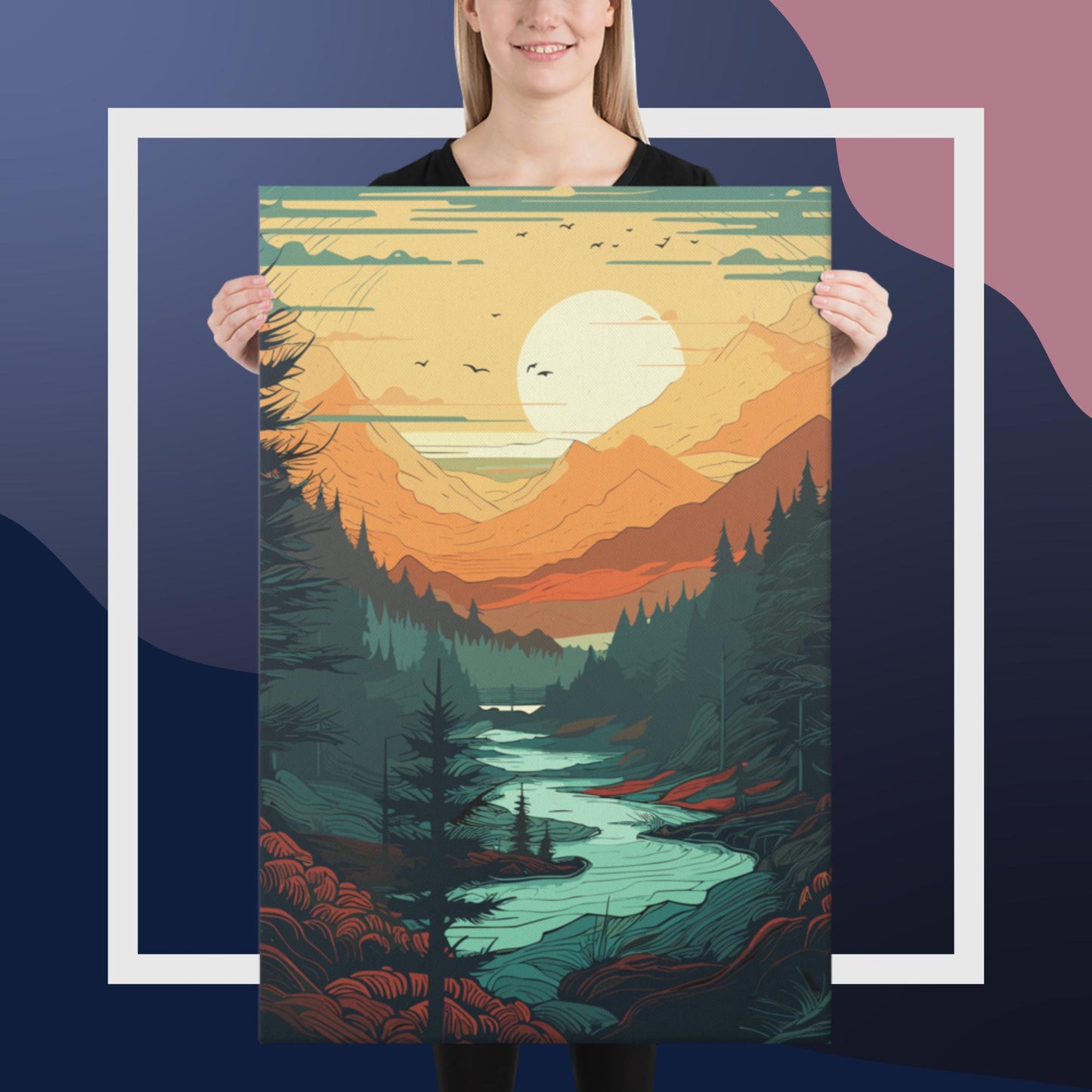 Forest River Sunset Canvas Poster