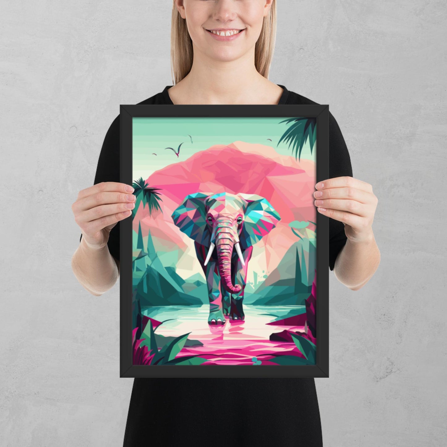 Green and Pink Elephant Framed Poster