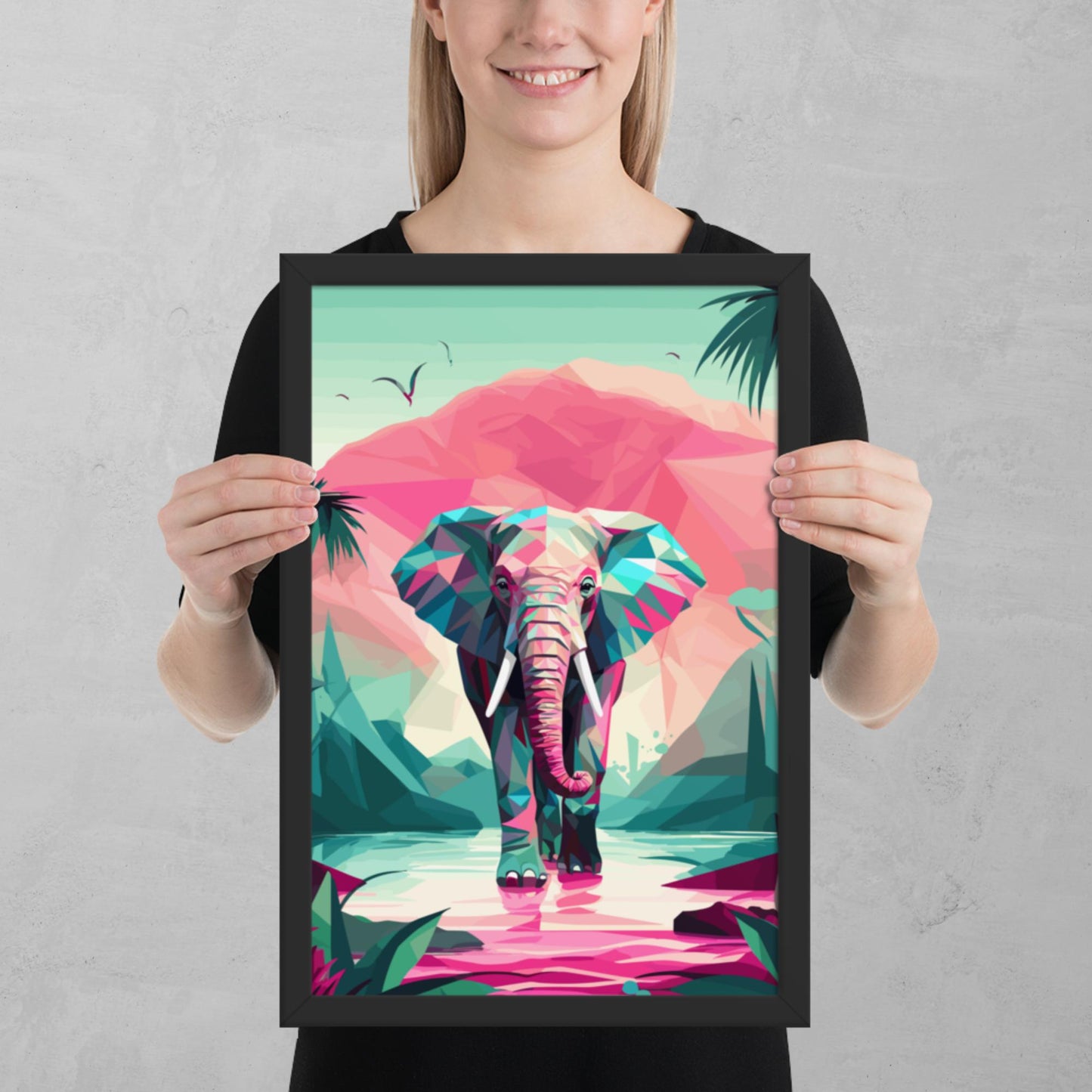 Green and Pink Elephant Framed Poster