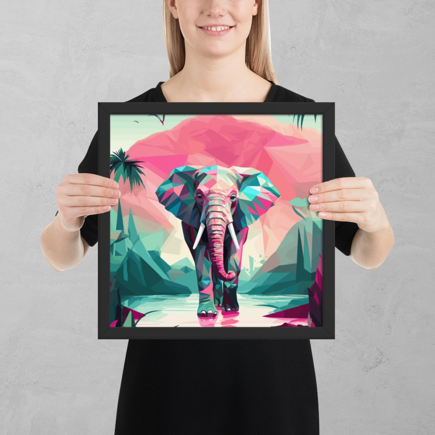 Green and Pink Elephant Framed Poster