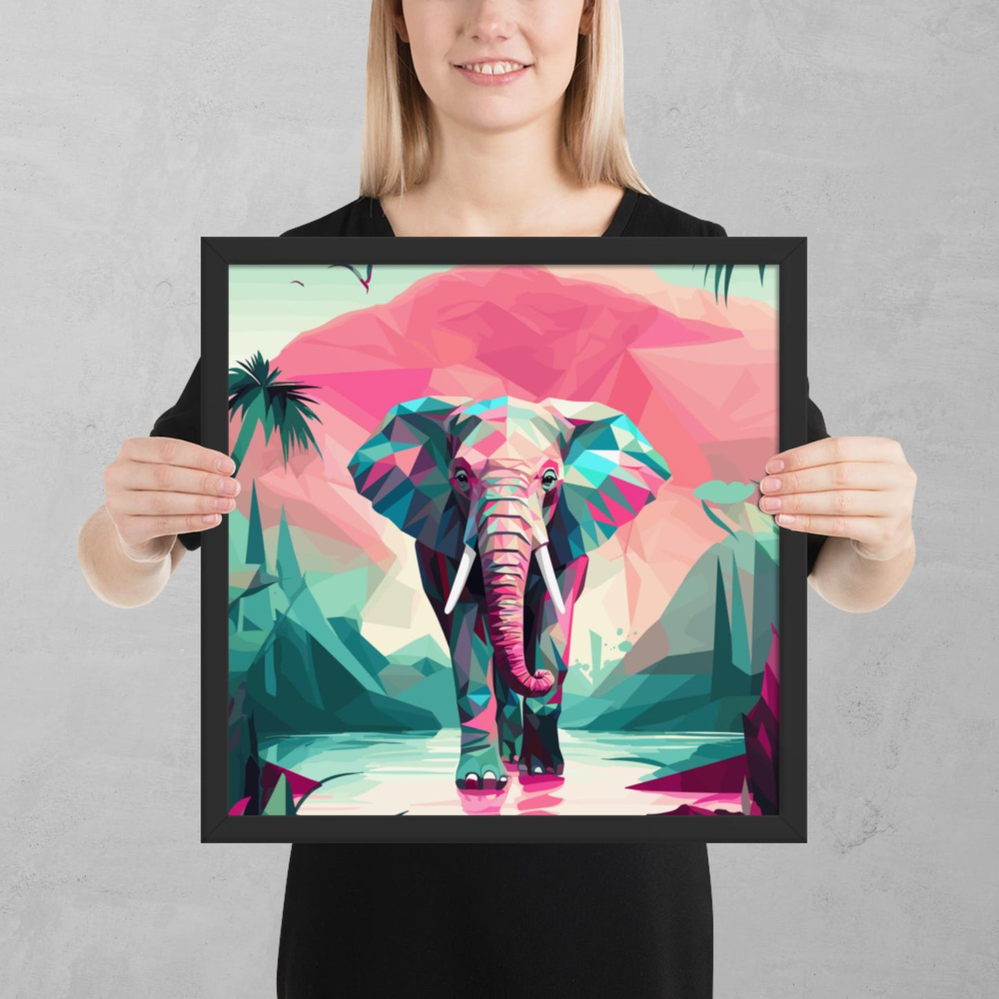 Green and Pink Elephant Framed Poster