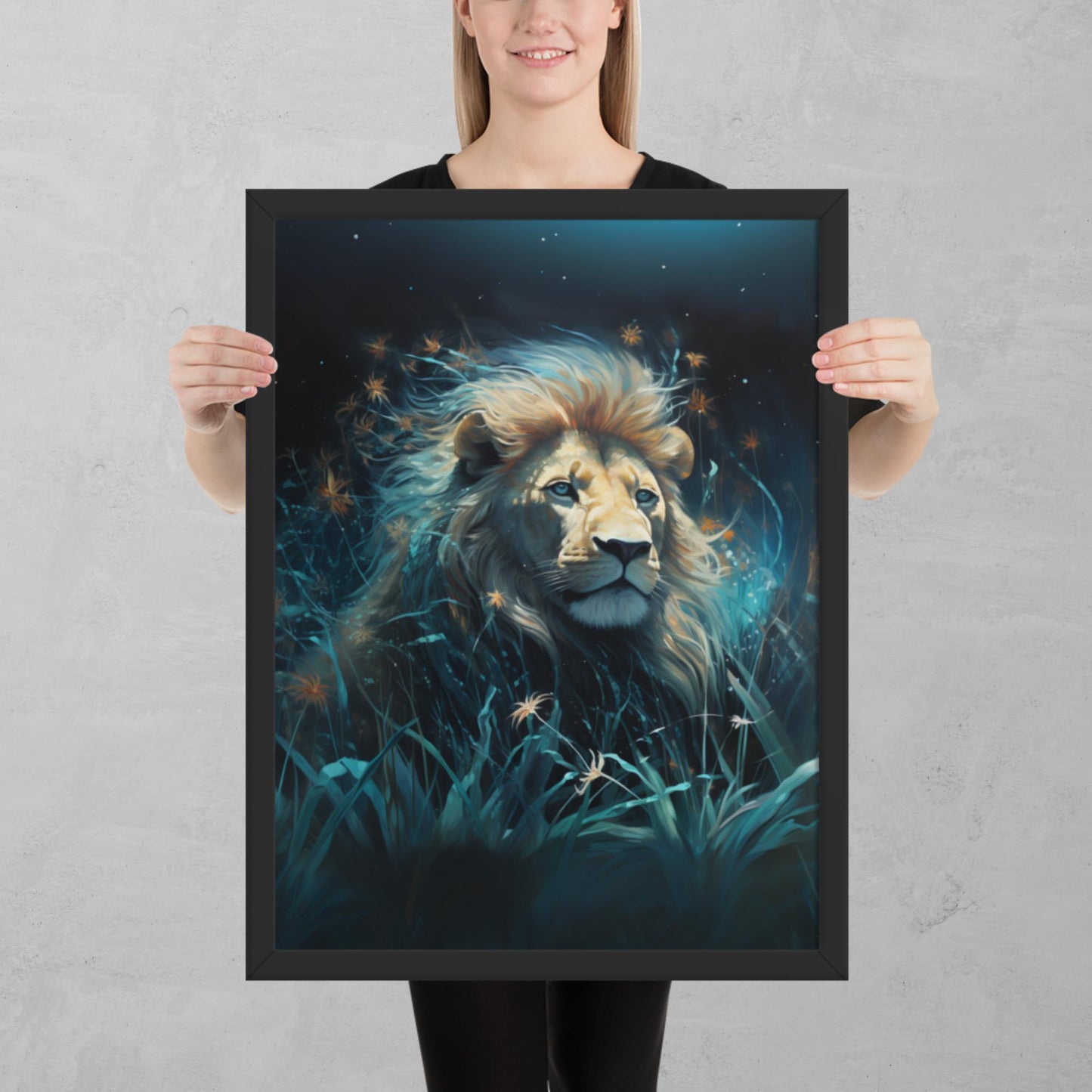 Dark Turquoise Lion Framed Poster