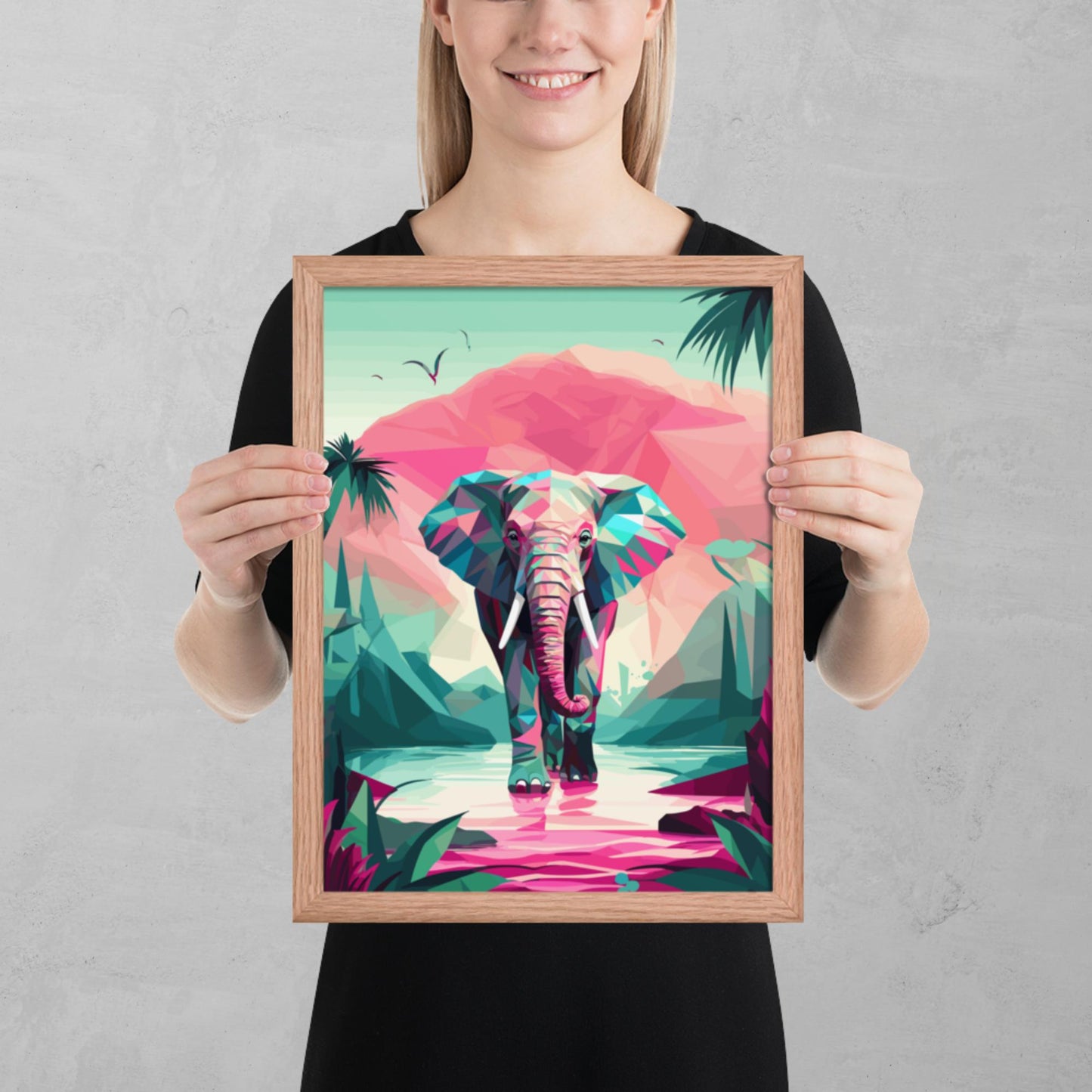 Green and Pink Elephant Framed Poster