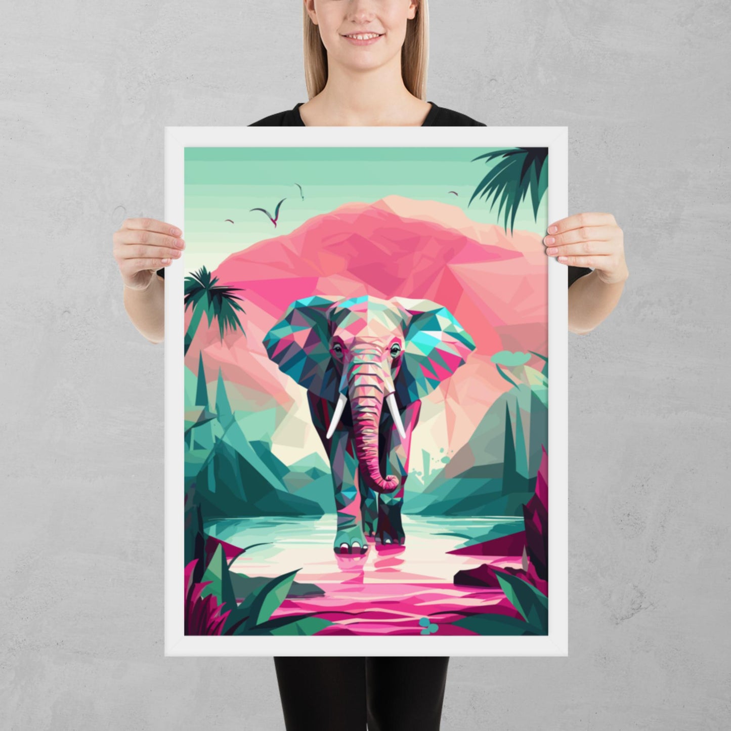 Green and Pink Elephant Framed Poster