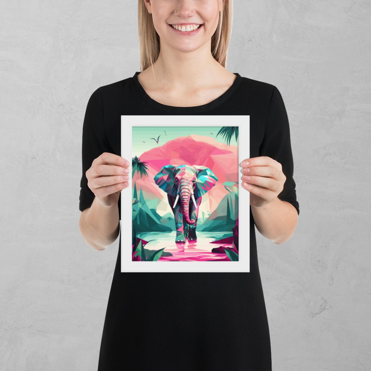 Green and Pink Elephant Framed Poster