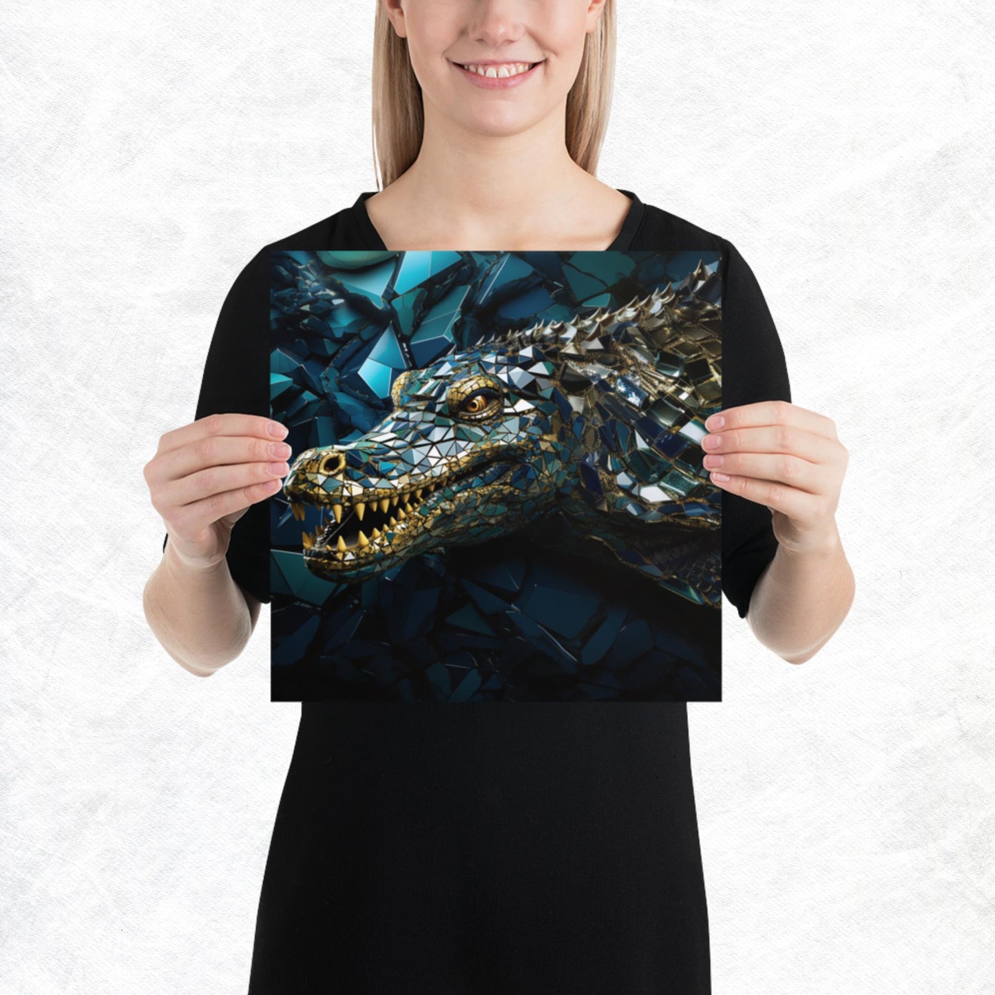 Blue Gold Crocodile Paper Poster