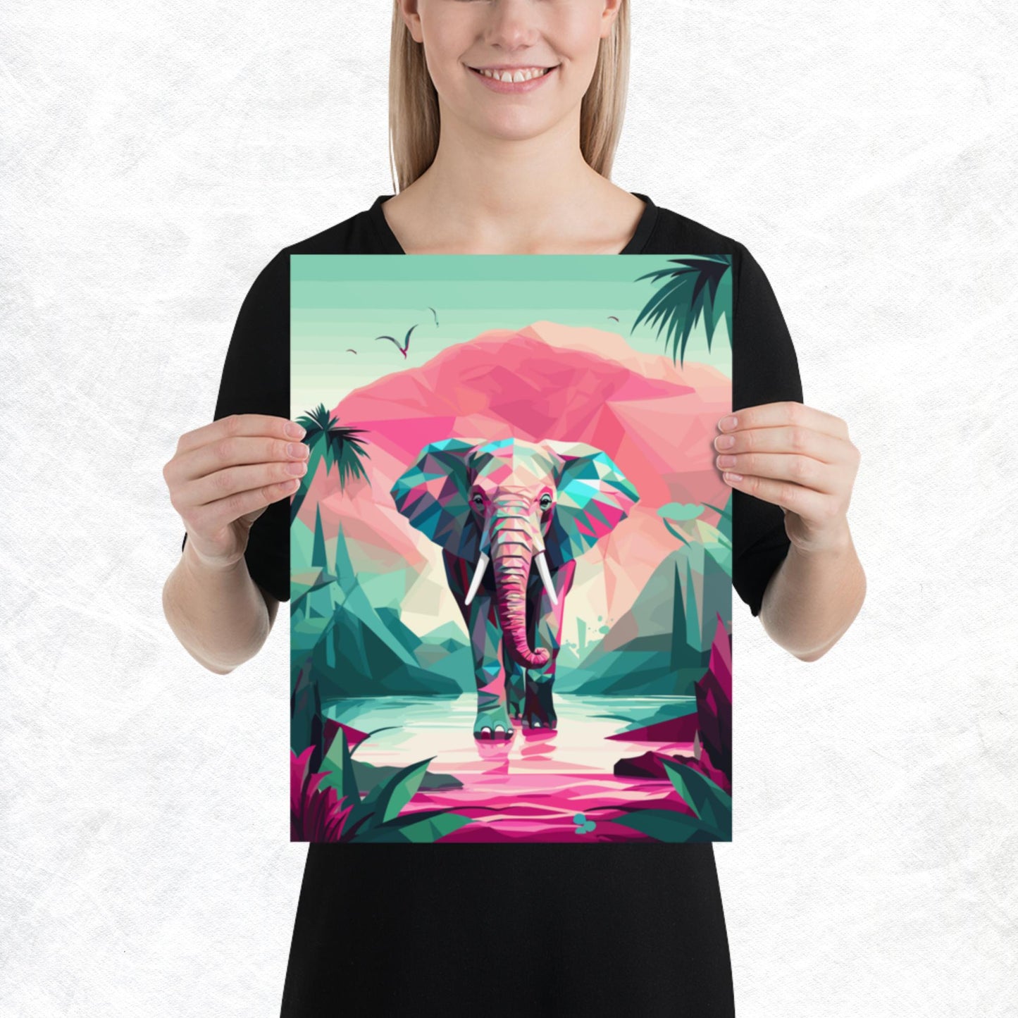 Green and Pink Elephant Paper Poster