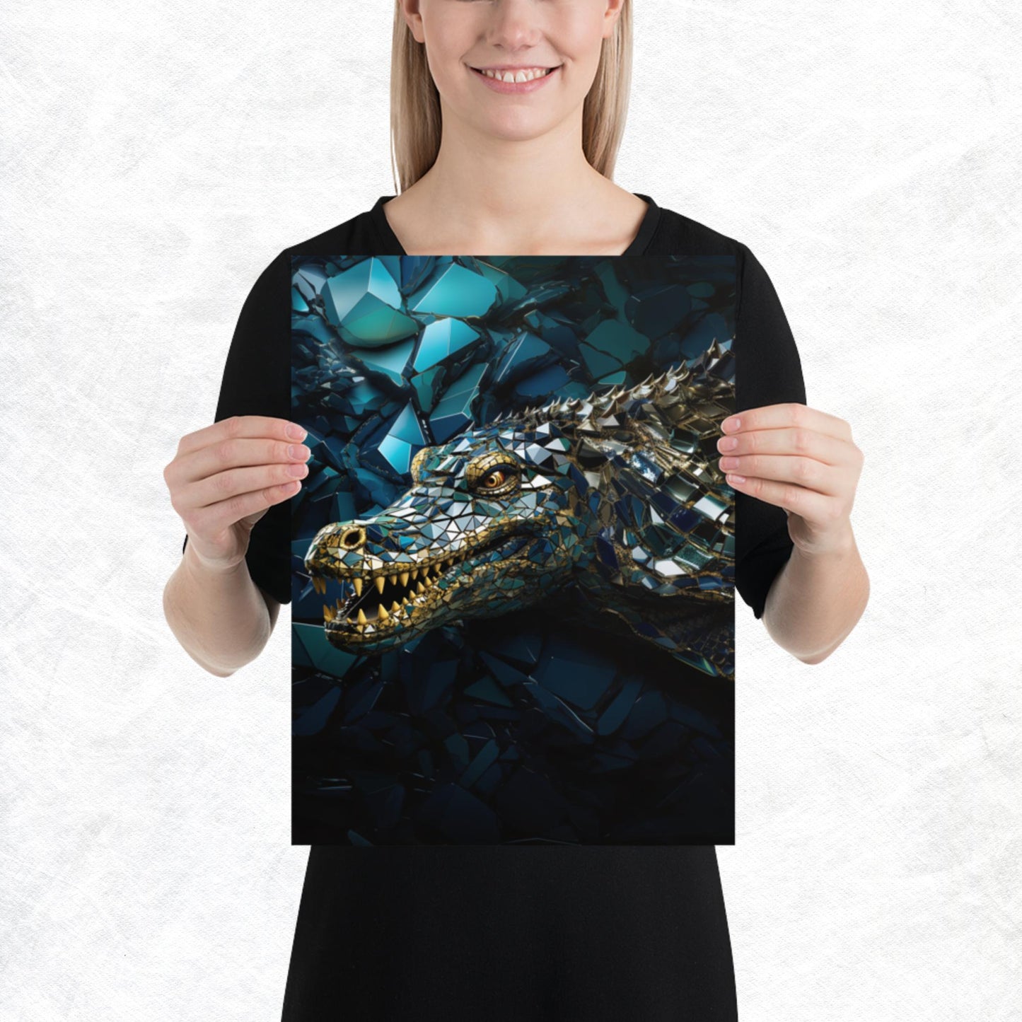 Blue Gold Crocodile Paper Poster