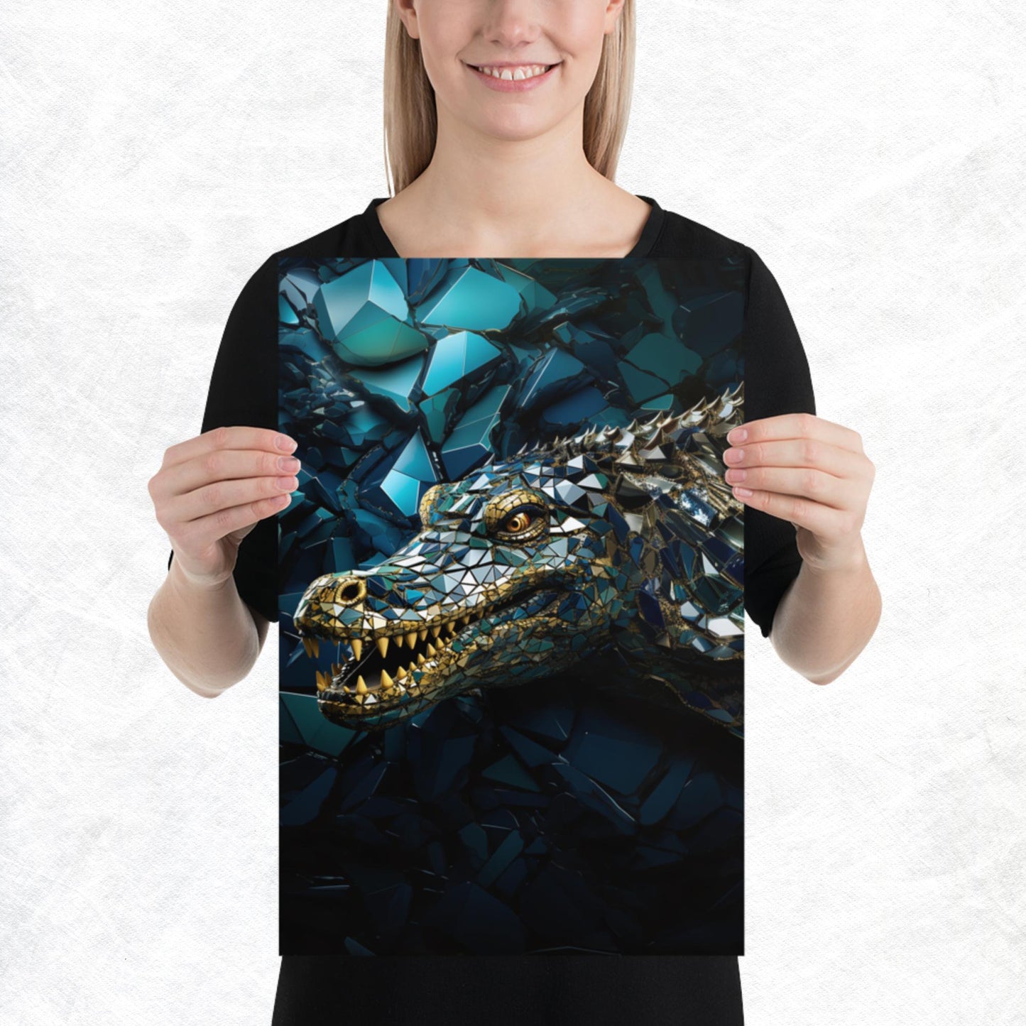 Blue Gold Crocodile Paper Poster