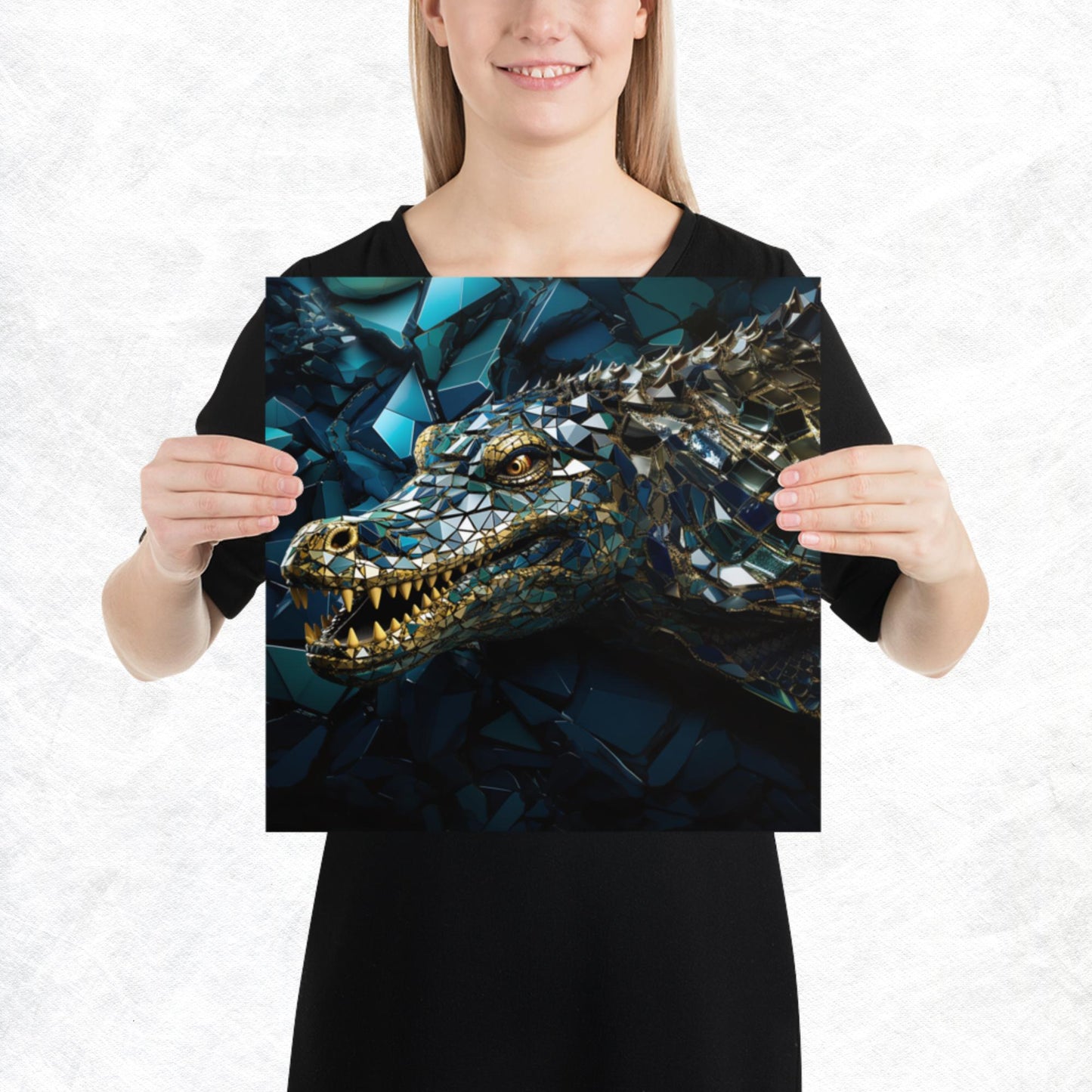 Blue Gold Crocodile Paper Poster