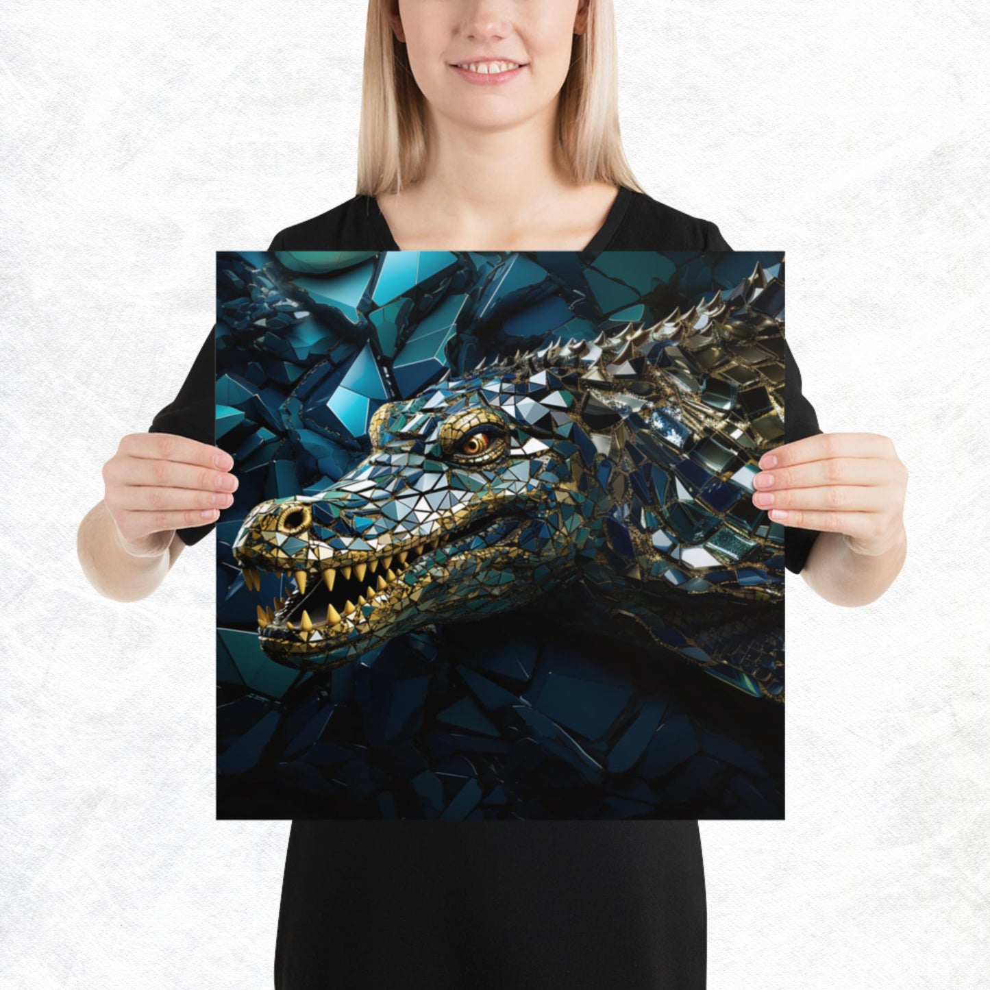 Blue Gold Crocodile Paper Poster