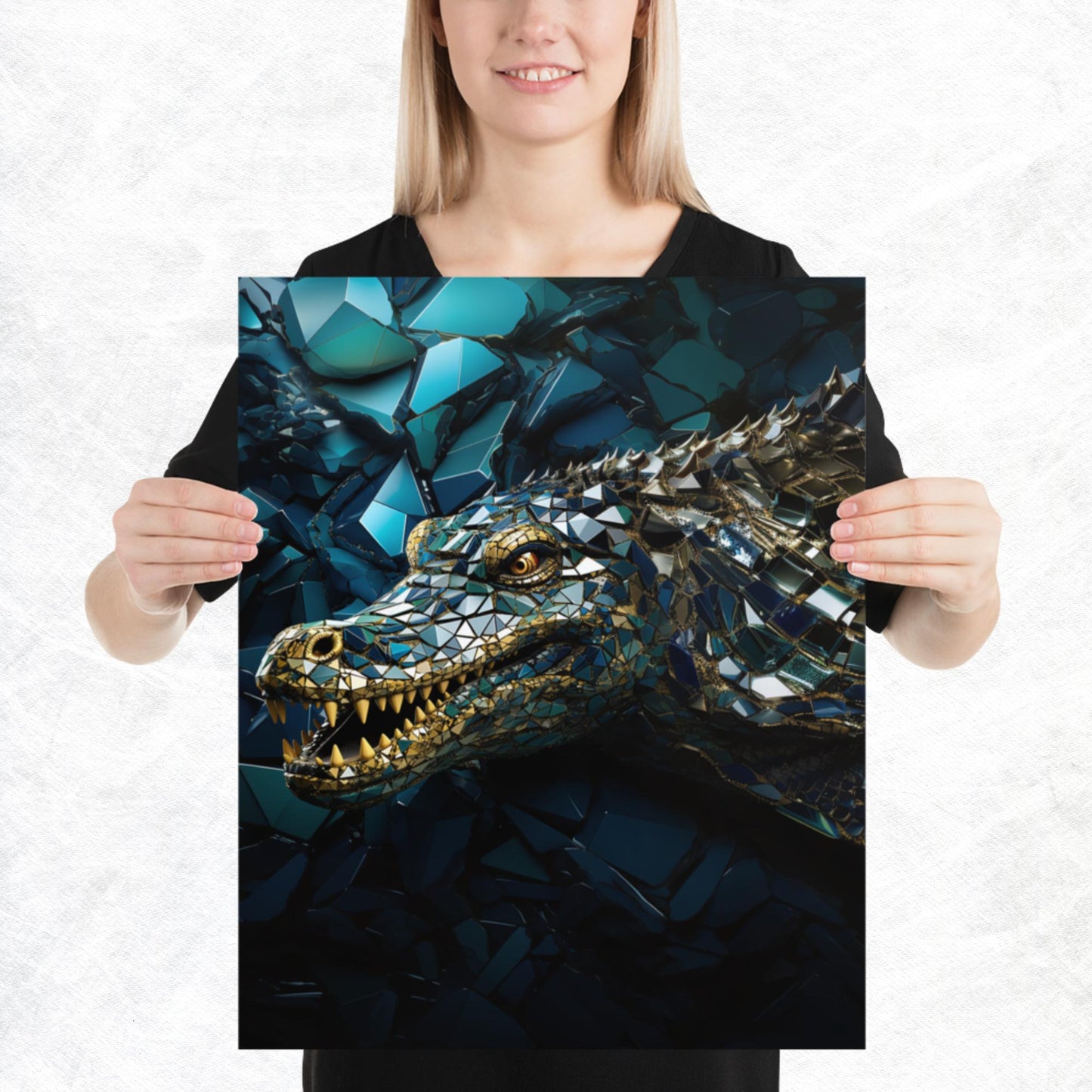 Blue Gold Crocodile Paper Poster