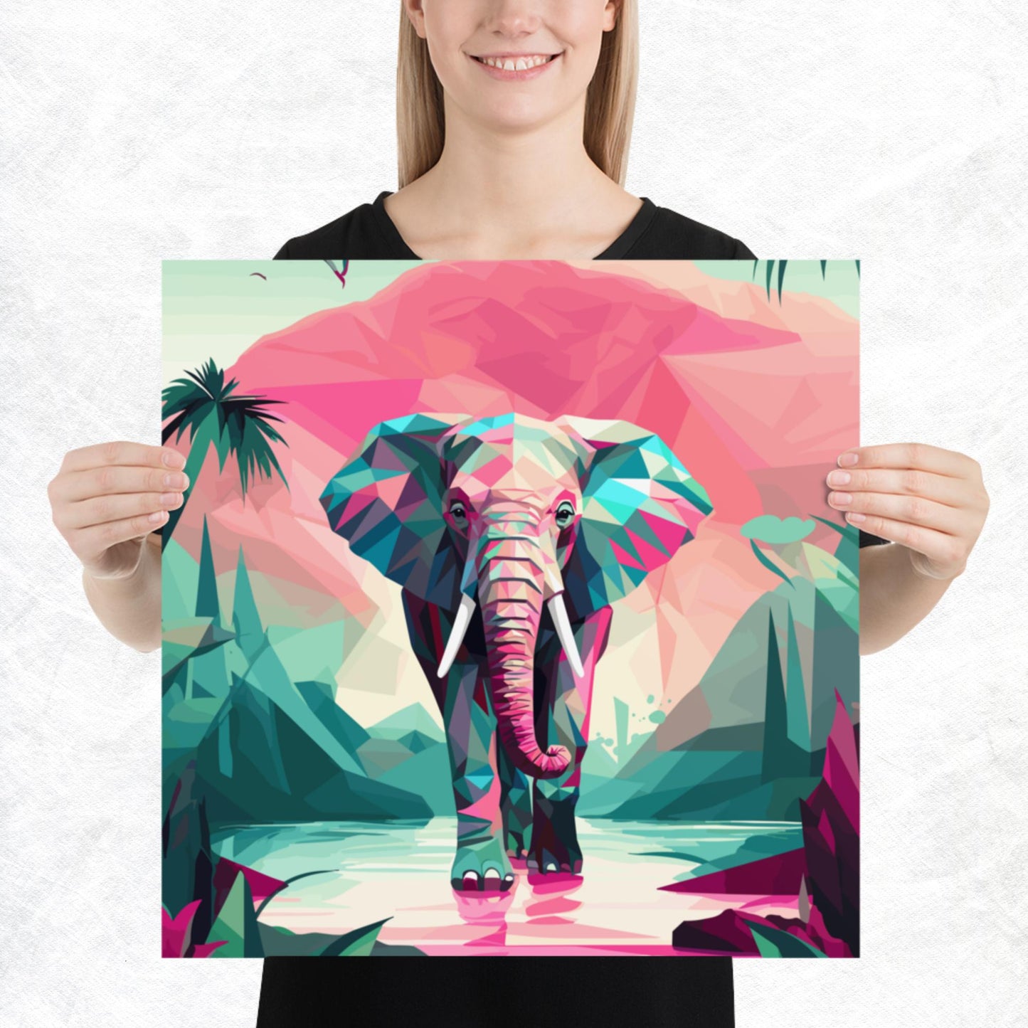 Green and Pink Elephant Paper Poster