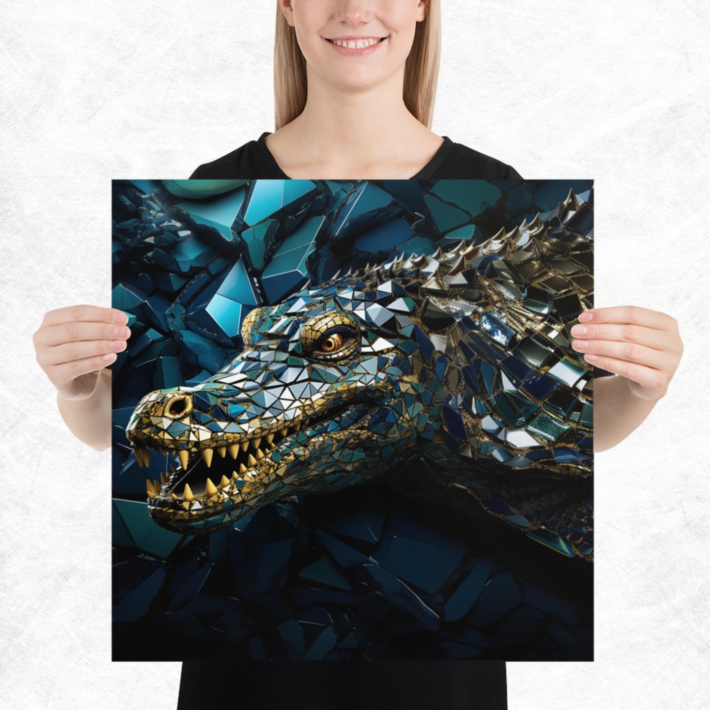 Blue Gold Crocodile Paper Poster