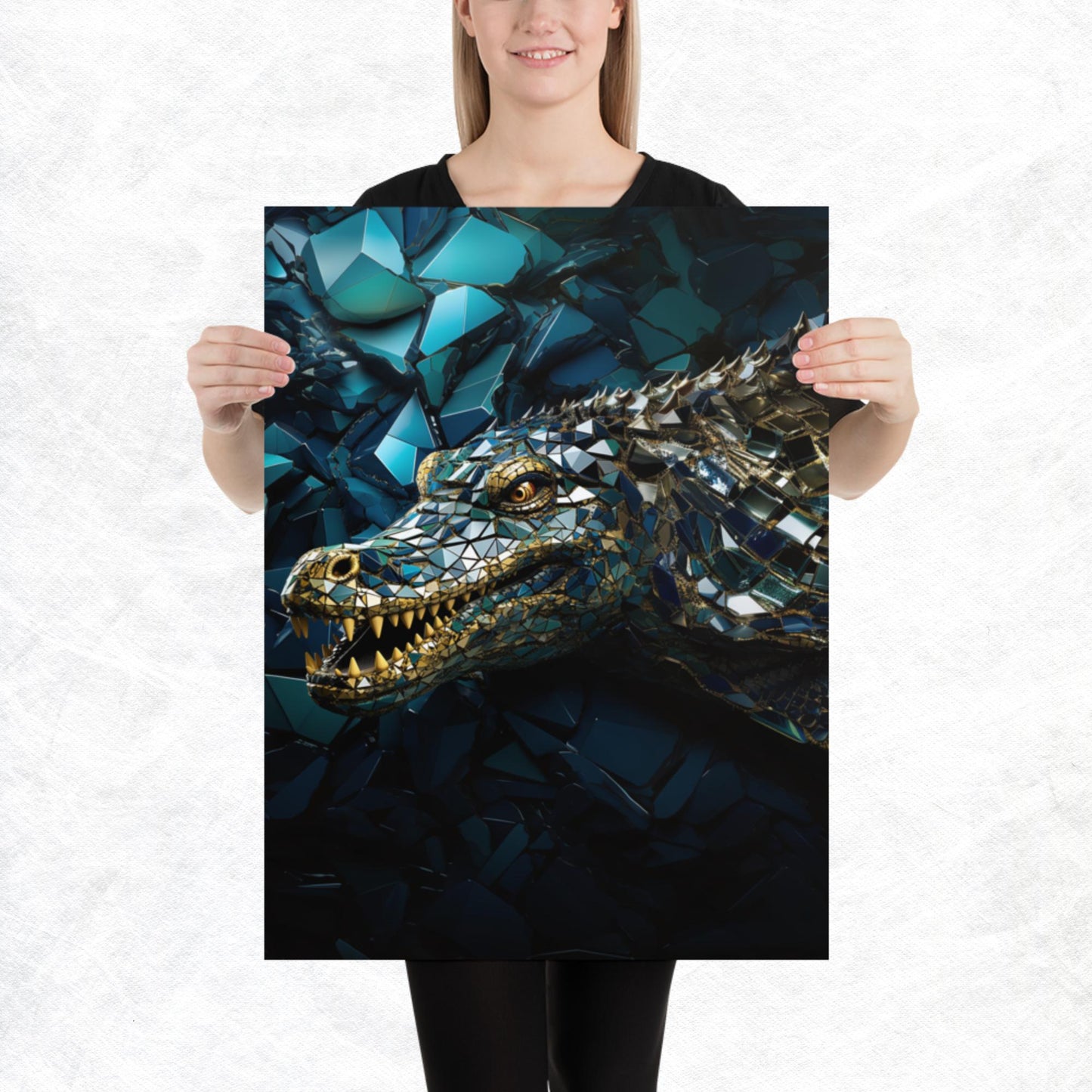 Blue Gold Crocodile Paper Poster