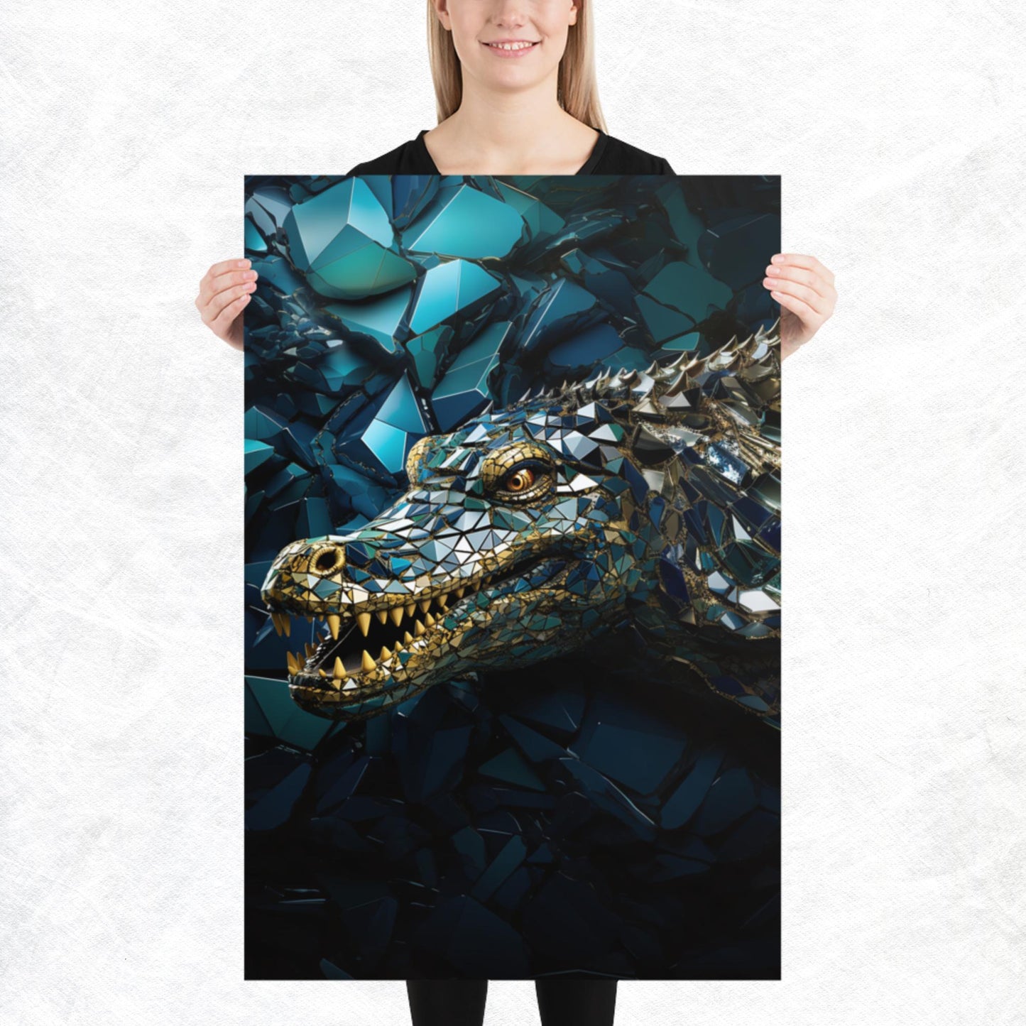 Blue Gold Crocodile Paper Poster