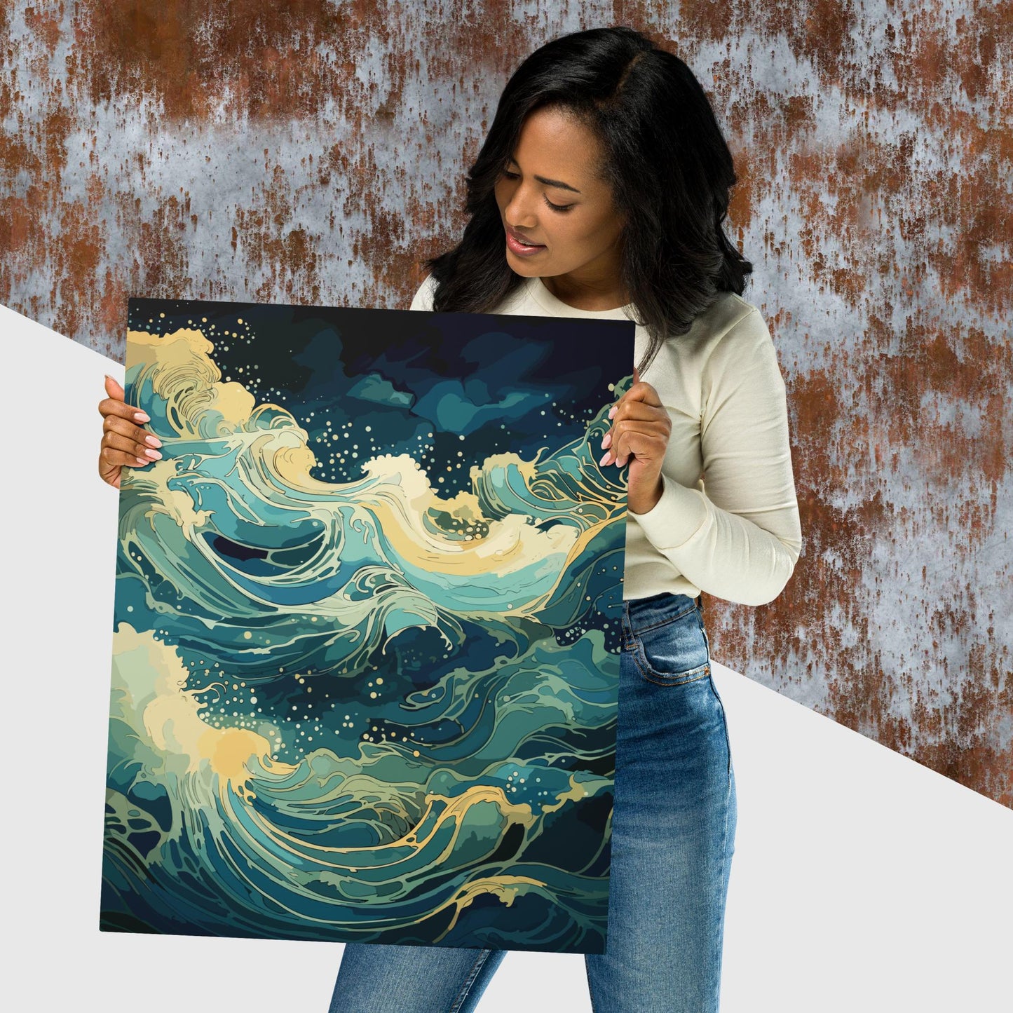 Nighttime Ocean Waves Metal Poster