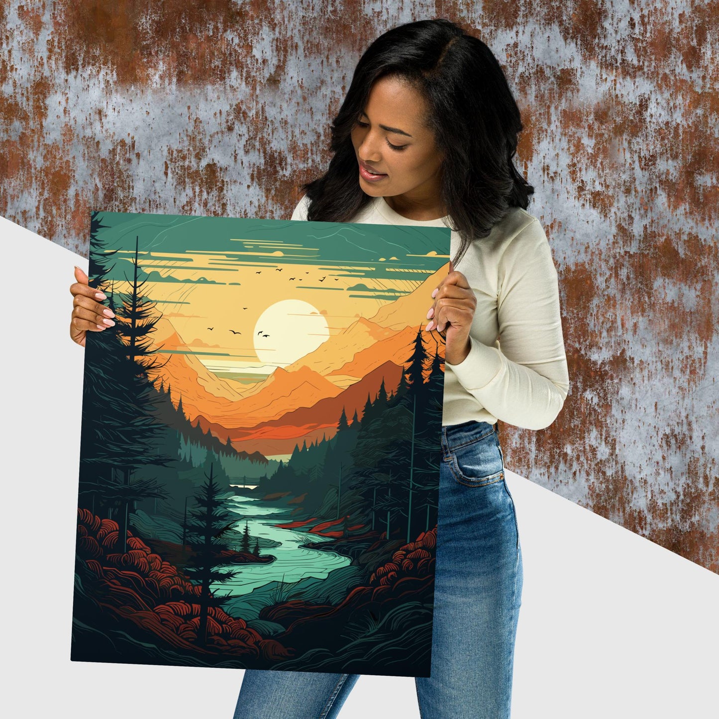 Forest River Sunset Metal Poster