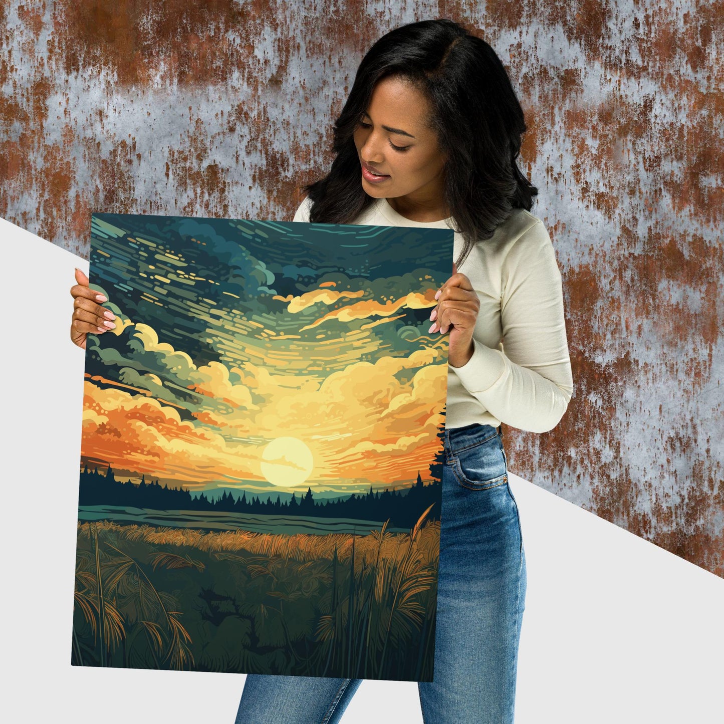 Crop Field Sunset Metal Poster