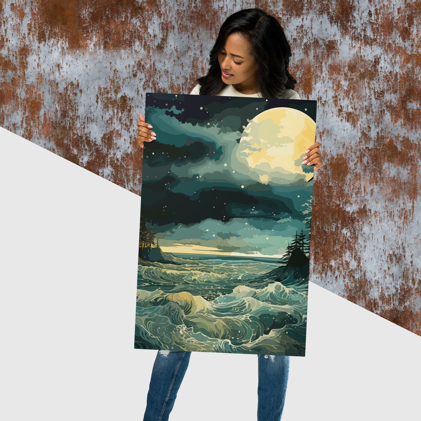 Nighttime Sea Moon Metal Poster