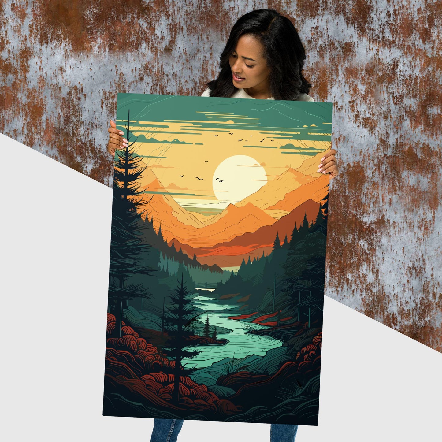 Forest River Sunset Metal Poster