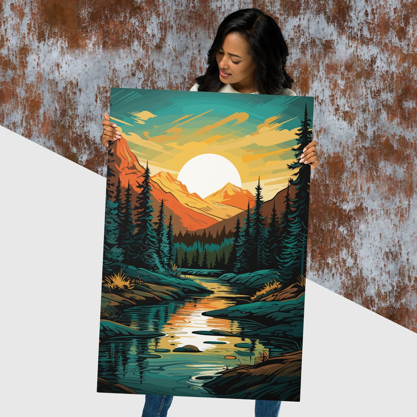 Forest Mountain River Metal Poster