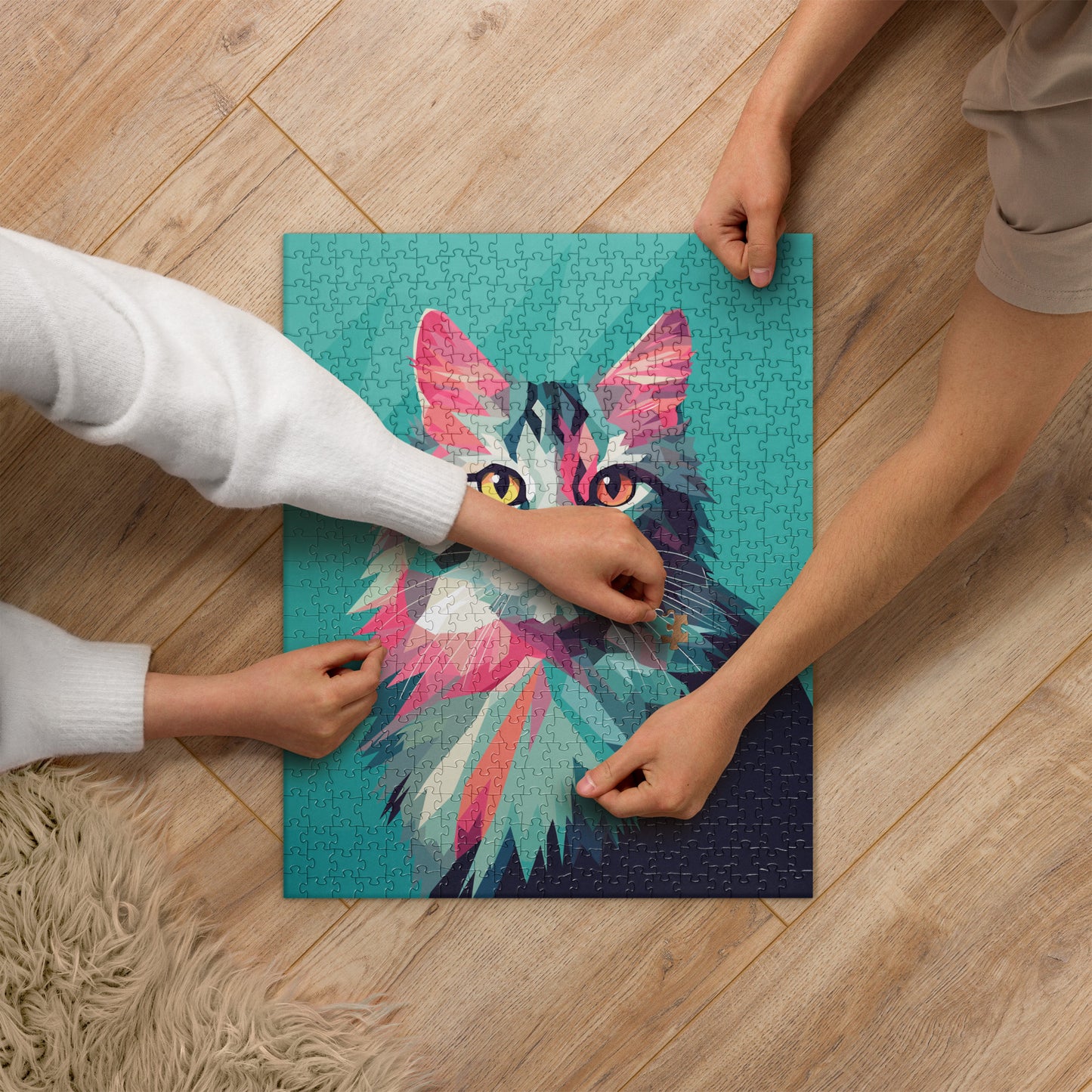 Green and Pink Cat Jigsaw Puzzle