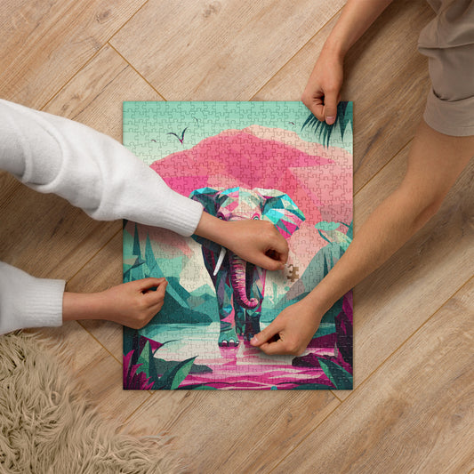 Green and Pink Elephant Jigsaw Puzzle