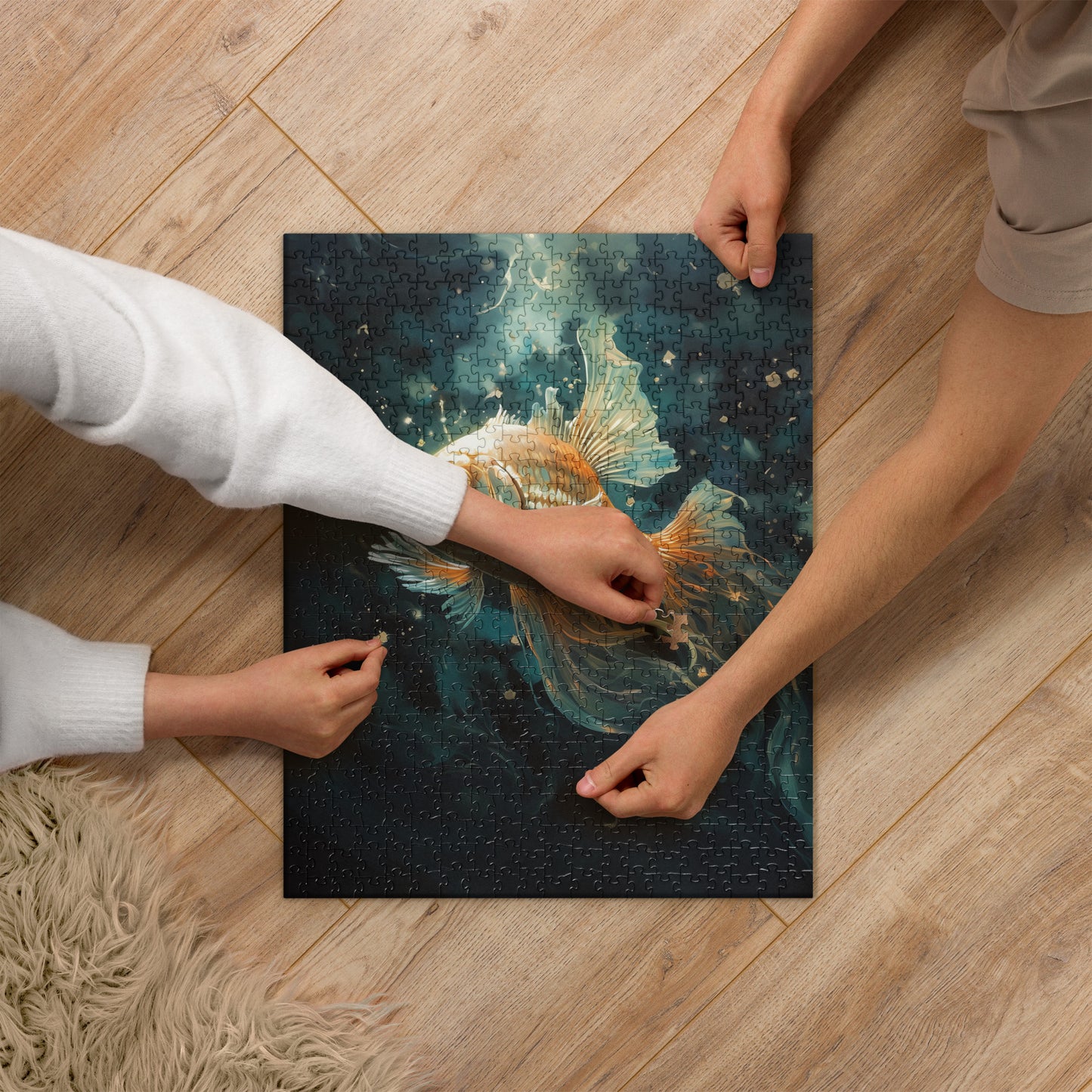 Dark Turquoise Gold Fish Jigsaw Puzzle