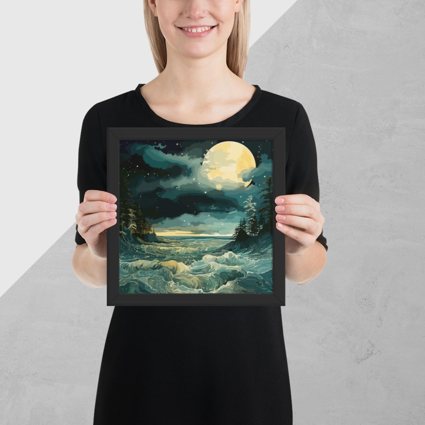 Nighttime Sea Moon Framed Poster