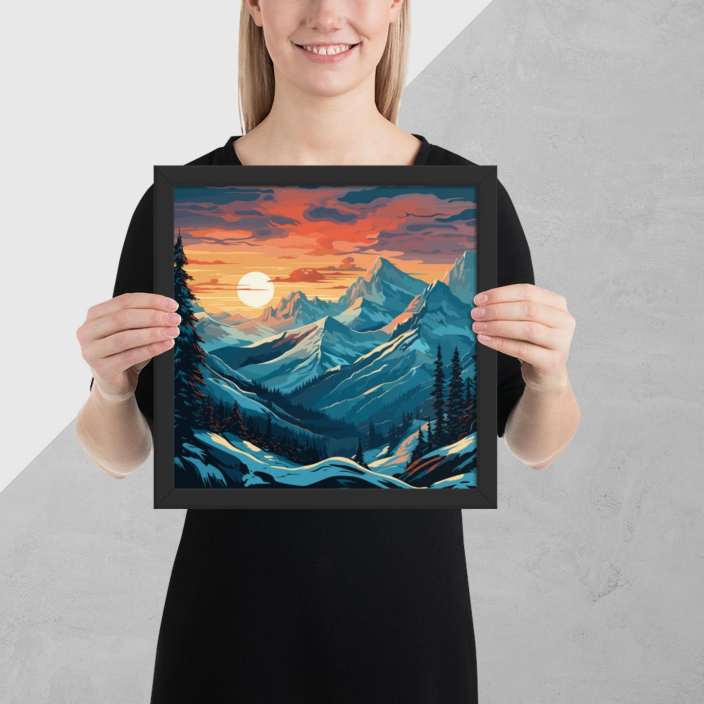 Snowy Mountain Sunset Framed Poster