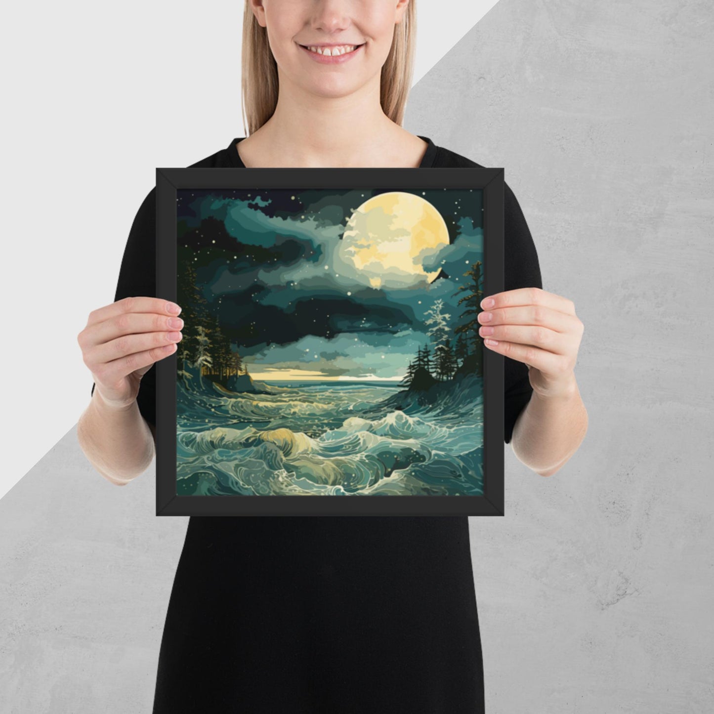 Nighttime Sea Moon Framed Poster